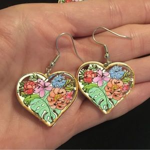 Heart Shaped Painted Floral Wooden Dangle Earrings and Necklace Set